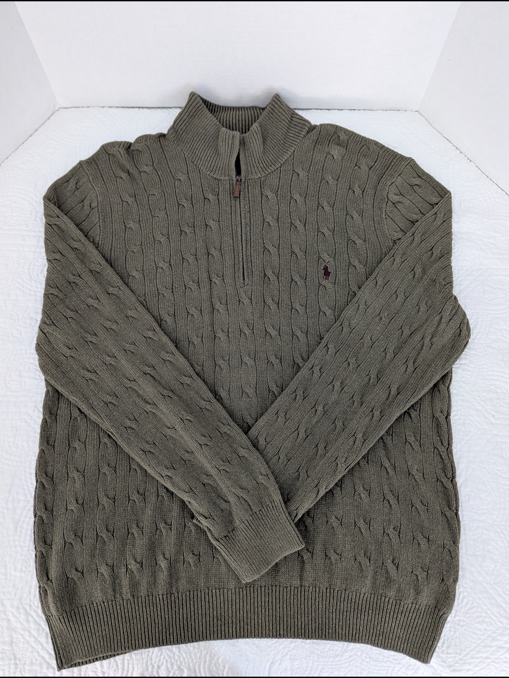 Ralph Lauren Olive Green Cable-Knit Half-Zip Sweater